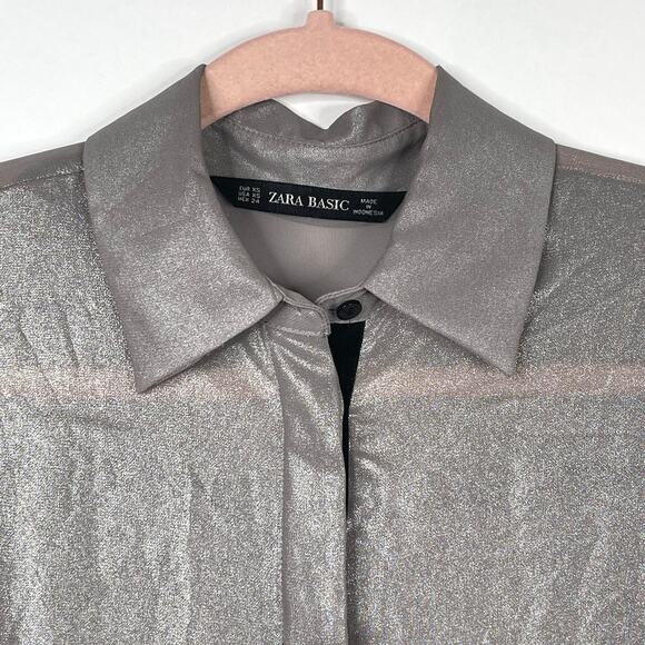 2/$30 ZARA High Low Metallic Button Down Shirt Gray Elastic Blouson Cuff #6212 - Picture 3 of 14